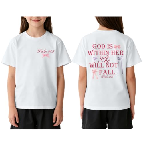 Image of Girls Christian Tees God is Within Her Jesus Shirt for Kids Faith Cute Graphic Bow Tshirt Inspirational Religious Top