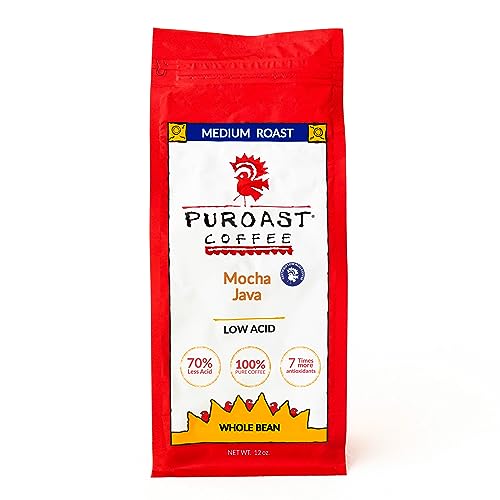 Puroast Low Acid Coffee Bean | Mocha Java Whole Bean | Medium Roast | High Antioxidants & High pH |No Bitter Aftertaste | Reduced Heartburn & GERD | Suitable for Cold Brew - 12 oz