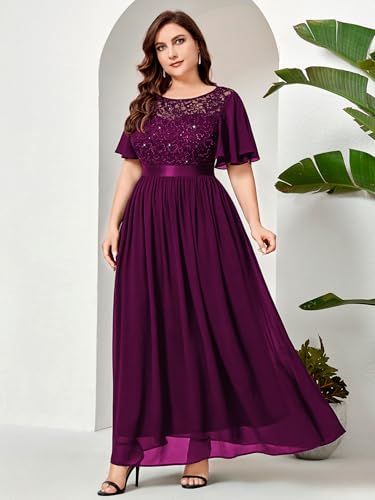 Knitee Women's Plus Size Sparkle Sequin Lace Chiffon Formal Flutter Sleeves Wedding Party Flowy Maxi Dresses3