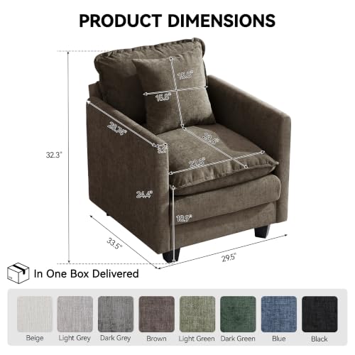 Image of 30'' Cloud Single Couch, Cloud Sofa with Throw Pillow, Modern 1 Seater Reading Chair with Deep Seat, Accent Chairs for Living Room, Bedroom, Small Apartment, Brown