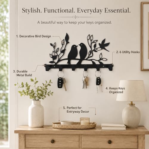 Image of Key Holder for Home, Metal Wall Mounted, 6 Hooks (Birds Desigh) | Cat Design, Includes Mounting Screws, For Home Use, 6 Hook Hanger, Metal Construction