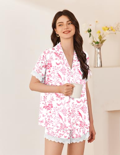 Image of Ekouaer Womens Lace Satin Pajama Set Button Down Pj Shorts Set Bridesmaids Getting Ready Outfits Casual Sleepwear XS-XXL