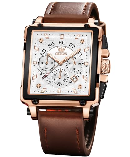 Image of OLEVS Watches for Men Quartz Chronograph Leather Fashion Dress Watch Date Waterproof Luminous Casual Square Business Wrist Watches