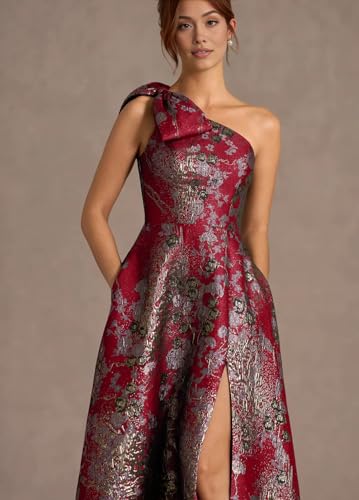 Image of Women's One-Shoulder Wedding Guest Dress A-Line Princess Ball Gown Jacquard Evening Gown Floral Brocade Prom Dress
