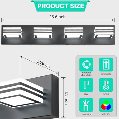 Image of SOLFART Bathroom Vanity Light Over Mirror - 4 Light Led Vanity Light Fixture 26inch Matt Black Lights for Bath 5CCT