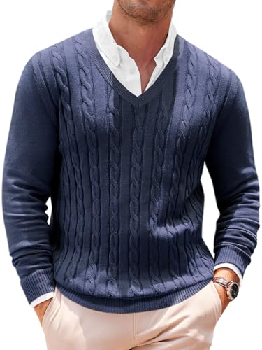 Runcati Mens V Neck Sweater Cable Knit Long Sleeve Casual Ribbed Twisted Pullover Sweaters