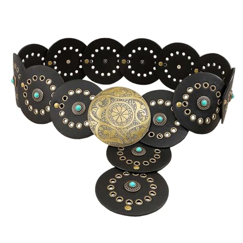 Women's Y2K Turquoise Wide Disc Belt Boho Leather Belt Western Chunky Waist Belt Cowboy Metal Buckle Concho Belts