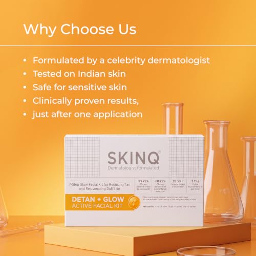 Image of SKINQ Detan + Glow Facial Kit for Dull, Tanned Skin | 7-Step At-Home Facial | With Vitamin C & Glycolic Acid | Instant Glowing Skin | Made by Dermat | Pack of 7