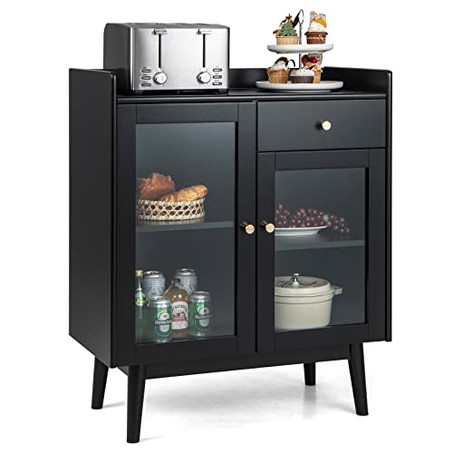Loko Black Buffet Cabinet With Storage, Kitchen Sideboard With 2 Tempered Glass Doors & Pull-Out Drawer, Multifunctional Storage Cabinet Coffee Station With Solid Wood Legs For Living Room #TOP12