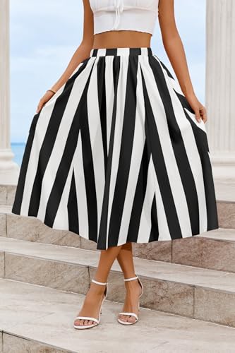 Image of Cicy Bell Womens Summer Striped Maxi Skirts A-Line Beach Vacation Outfits | Elastic Waist, Side Pockets, Flowy, Midi Length, Color Contrast, Trendy Casual