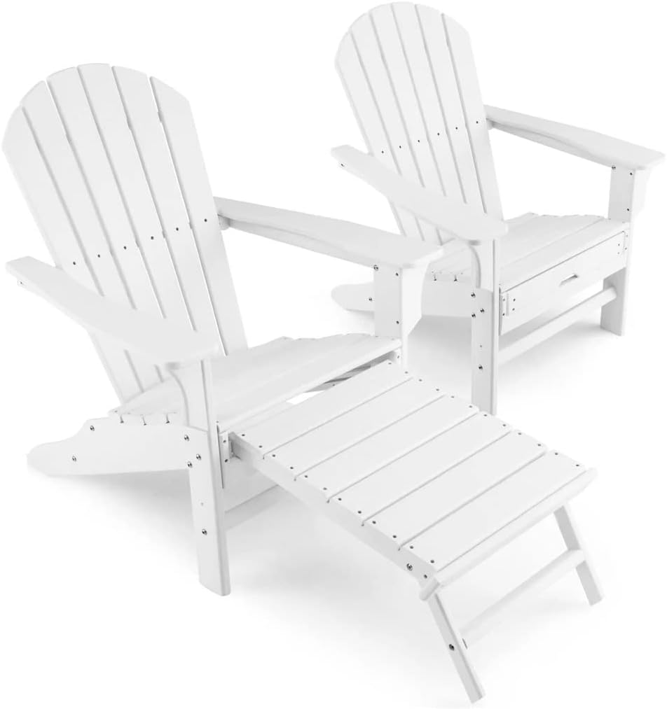 2 Piece Outdoor Patio Chairs Beach Retractable Ottoman White