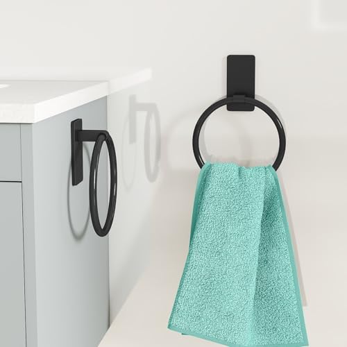 Image of STWWO Hand Towel Holder for Bathroom, Adhesive Round Towel Ring, Black | for Bath RV Kitchen, Self Adhesive No Drill Hole, Easy to Install