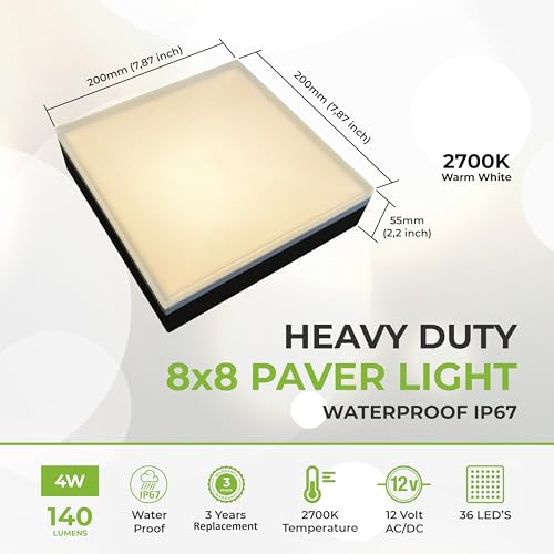 Image of LUMENGY Paver Light 8x8 Inch (7.87x7.87), 2700K Warm White, Glare-Free Brick Lighting for Driveways, Walkways, Pool Decks and Patios, 12V Hardwired, IP67 Waterproof, Drive-Over Rated