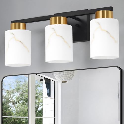 Image of 3-Light Bathroom Light Fixtures, Modern Vanity Lights, Black and Gold Metal Wall Lamp with White Marble Glass for Bathroom, Mirror, Living Room, Bedroom, Cabinet, Porch, Hallway, E26 Base