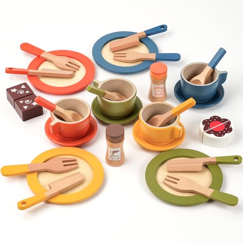 Aolso Cocina Juguete Madera Infantil , 30 Piezas Vajilla de Madera Juego de Platos y Cubiertos, Juego de Imitación Pastel Utensilios de Cocina Juguete, Juguetes de rol para Niños Niñas 3 4 5 6 7Años