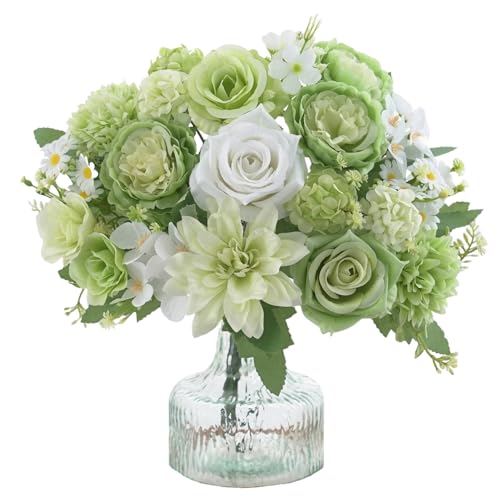 4 Pcs Mixed Artificial Flowers Set Small Artificial Peony Bouquet Fake Rose Flower Silk Floral Arrangements for Table Centerpiece Home Wedding Party Bridal Decoration(Green 2 Bouquets & 2 Stems)