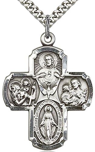Heartland Men's Catholic 4 Way Cross Sterling Silver Medal Necklace- Handcrafted in USA, Tarnish Resistant, Religious Pendant, Ideal Present for Special Occasions- 24 inch Sterling Silver with Chain