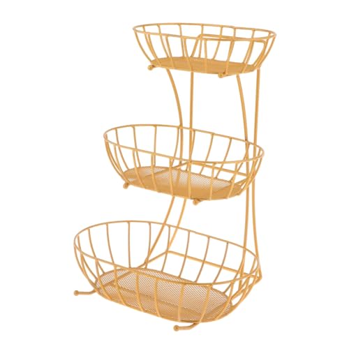 Fenteer 3 Tiered Fruit Basket Metal Wire Storage Basket Wrought Iron Fruit Stand Counter Large Capacity Space Saver Kitchen Organizer, gold