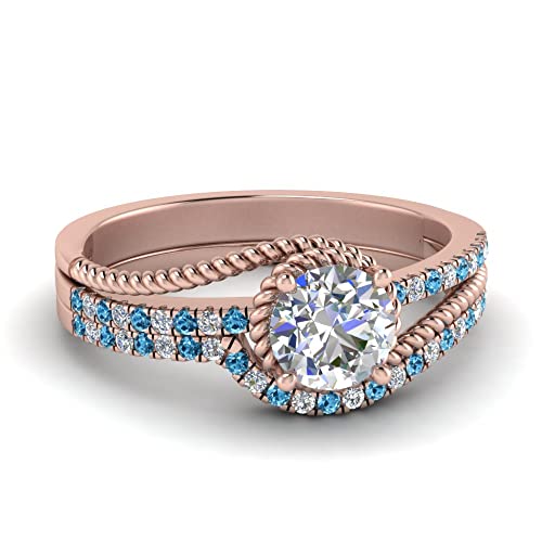 Image of Choose Your Gemstone Rope Split Shank Wedding Ring Set Rose Gold Plated Round Shape Wedding Ring Sets Everyday Jewelry Wedding Jewelry Handmade Gifts for Wife US Size 4 to 12
