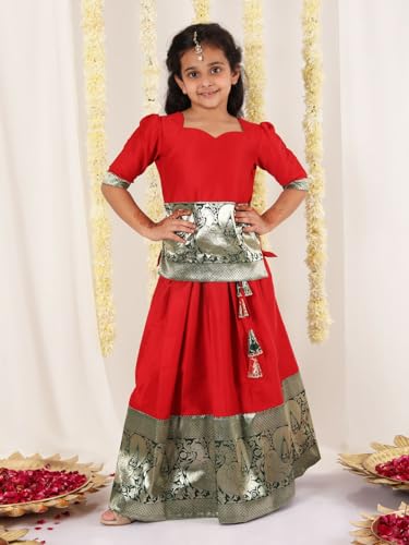 Jbn Creation Silk Blend Girls South Indian Style Pavda Pattu Lehenga (Jbnglc053Rd_34L_Red And Green_12 Years-13 Years)