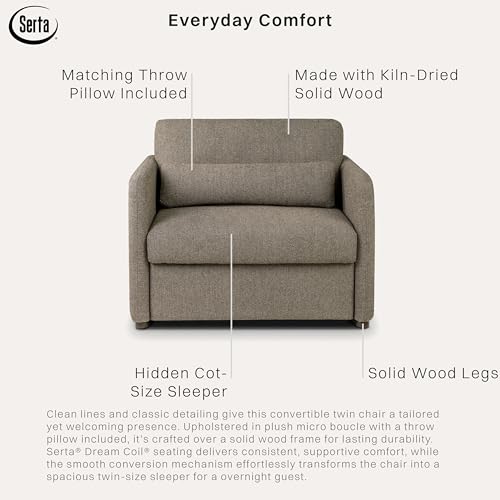 Image of Serta Tahoe 46″ Twin Size Convertible Chair, Modern, Track Arm, Dream Coils, Boucle Fabric