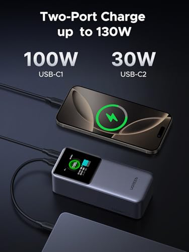 UGREEN Nexode Power Bank 20000mAh 130W Portable Charger 72Wh PD Fast Charging 3-Port USB C Battery Pack with TFT Smart Display for MacBook/iPad/iPhone 17/16/Samsung S24 and More