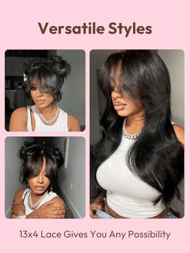 Image of Beauty Forever 13x4 Pre Everything Lace Frontal Glueless Wigs Human Hair Pre Plucked Pre Cut Black Fluffy Natural Loose Wave Curtain Bangs Wig Ready to Wear Wig for Women 150% Density 16 Inch