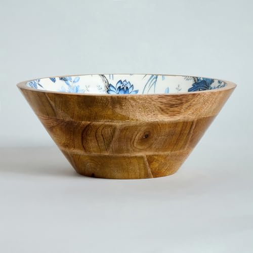 Image of SAAGA Mango Wood Salad Bowl | 10 x 4 Inch Large Wooden Mixing & Serving Bowl for Salads, Fruits, Vegetables & Snacks | Handcrafted Kitchen & Dining Bowl | White & Mazarine Blue