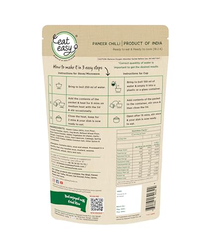 Image of Eat Easy Ready to Eat Paneer Chilli 95g (Pack of 2) After Preparation 235g | Just Add Hot Water & Cook, Freeze Dried Instant Protein Rich Paneer with Spices & Vegetables for Travelers, Trekkers, Student