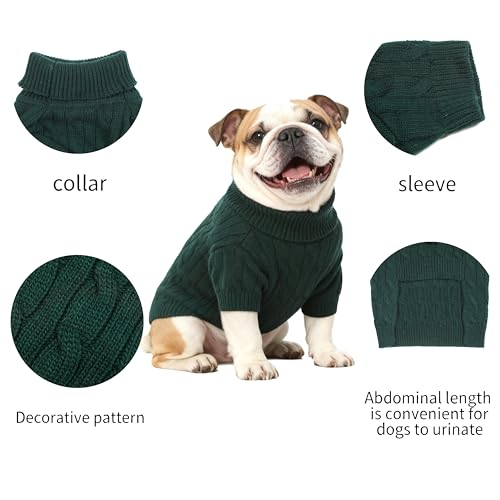 Image of Small /Medium Dog Sweater, Warm Dog Winter Coat w /Sleeves, Comfortable High Neck Premium Dog Clothes for Bulldog-Best for Holidays, Daily Walks L Green