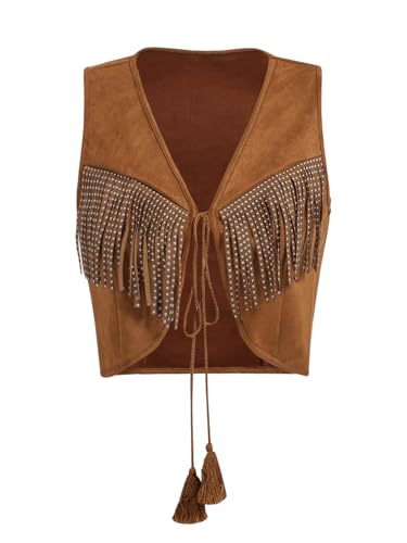 OYOANGLE Women's Studded Fringe Trim Tie Front Vest Top Boho Hippie Western Cowgirl Sleeveless Jacket Outerwear