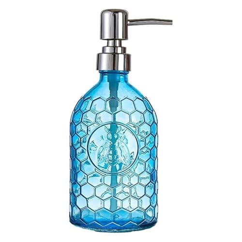 Vloeistofdispenser Kleurrijke Reliëf Glazen Zeepfles Met Plastic Pomp, Navulbaar Als Decoratie For Thuis Zeepfles voor op het aanrecht(Blue-bee)