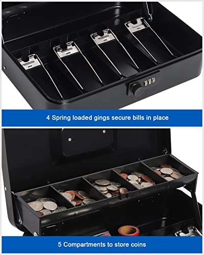 Large Cash Box with Combination Lock, Metal Money Box for Cash, Lovndi Lock Box with Money Tray, Lockbox 11.8 x 9.5 x 3.54 Inches, Black - Thumbnail 4