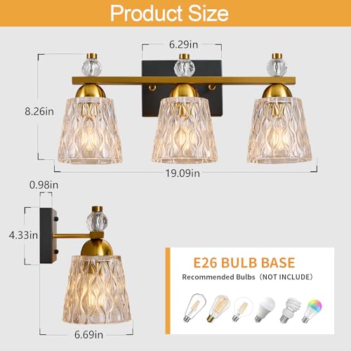 Image of 3 Light Bathroom Vanity Light, Black Gold Bathroom Light Fixtures with Textured Glass Shades Modern Vanity Lighting Wall Mount Over Mirror