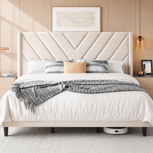 Image of Yaheetech King Bed Frame Upholstered Platform Bed /Wooden Slat Support /Tufted Headboard with Wing Side /Mattress Foundation /No Box Spring Needed,Beige King