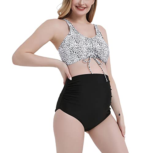 Sweetbump Maternity High Waist Swimsuit Two Piece Bathing Suit Cute Bikini Tie Ruched Front Crop Top Pregnancy Swimwear Black With White S #TOP2