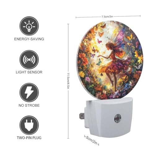 Image of Round LED Night Lights Lamp with Dusk to Dawn Sensor, Beautiful Fairy with Colorful Wings Flying Night Light Plug Into Wall for Kids Room, Bedroom, Bathroom, Kitchen, Hallway