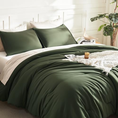 Image of Litanika Twin XL Comforter Set Dark Olive Green, 2 Pieces Extra Long Dorm Bedding Sets, Soft Down Alternative Comforter All Season Quilt Blanket