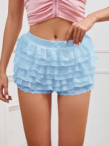 Image of Women Y2K Lace Multi-Layered Bloomers Lolita Ruffle Shorts Cute Mini Skirt | Tiered layers, elastic waist, pumpkin pants, for rave party /country concert /festival