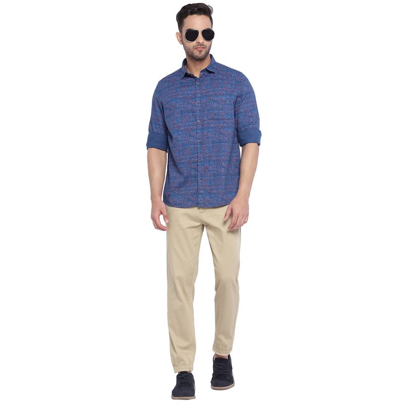 Image of Turtle Men Blue Cotton Printed Slim Fit Casual Shirts