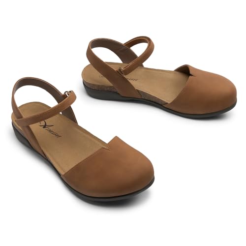 Athlefit Women's Closed Toe Sandals Comfort Cork Footbed Arch Support Flat Sandals Tan Size 5.5 — view 6