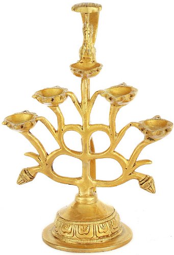 Lampe pūjā de culte hindou à cinq mèches | Sculpture laiton traditionnelle