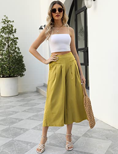 Image of Gihuo Culottes for Women Linen Wide Leg Gauchos Capri Palazzo Pants | Cotton Linen Pants,Flowy Pants,Women's Culottes,Cropped Pants,Elastic Waist Trousers with Pockets
