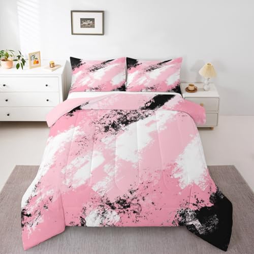 Homemissing Juego de edredón rosa y blanco, tamaño doble, abstracto, minimalista, para niños y niñas, moderno, geométrico, decoración de dormitorio, 3 piezas con 2 fundas de almohada, microfibra