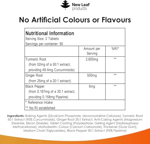 Turmeric Tablets 2600mg with Black Pepper & Ginger - 95% Curcumin Extract -180 Turmerics and Black Pepper Tablets (3 Months) High Strength Active Turmeric Supplements Not Capsules,By New Leaf - Image 7