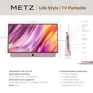 Metz TV Portatile, MPE7300Z, 24", Batteria Incorporata, Ricarica Auto 12V e Power Bank, Anti-glare, LED, FHD Smart, Google TV, HDMI, USB, Bluetooth, Wifi 5, Uscita Antenna, Rosa