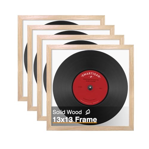 KINLINK 13x13 Picture Frame Natural Square Solid Wood Frames for Pictures 13x13 without Mat and 12.5x12.5 Music Record Album Wall Display Photo Frames Natural Wood 4 Pack