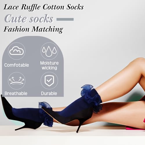 Geyoga 3 Pairs Women Big Ruffle Socks Turn Cuff, Double Lace Ankle Cotton Frilly Socks for Ladies Halloween3