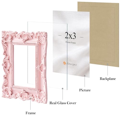 Image of eletecpro 2x3 Cute Picture Frame with Real Glass Cover, Ornate Antique Photo Frame, Display 2x3 Picture for Tabletop or Wall Hanging Horizontal & Vertical, Pink Home Decor for Bedroom, Livingroom