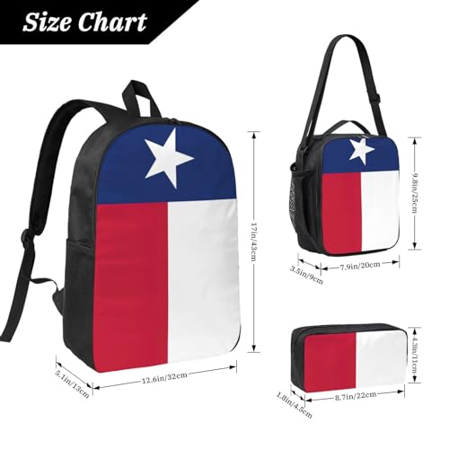 Flag of Texas print Shoulder Bookbags Lunch Bag and Pen Case 17 inches Backpack with Lunch Box, Cute Bookbag Set4